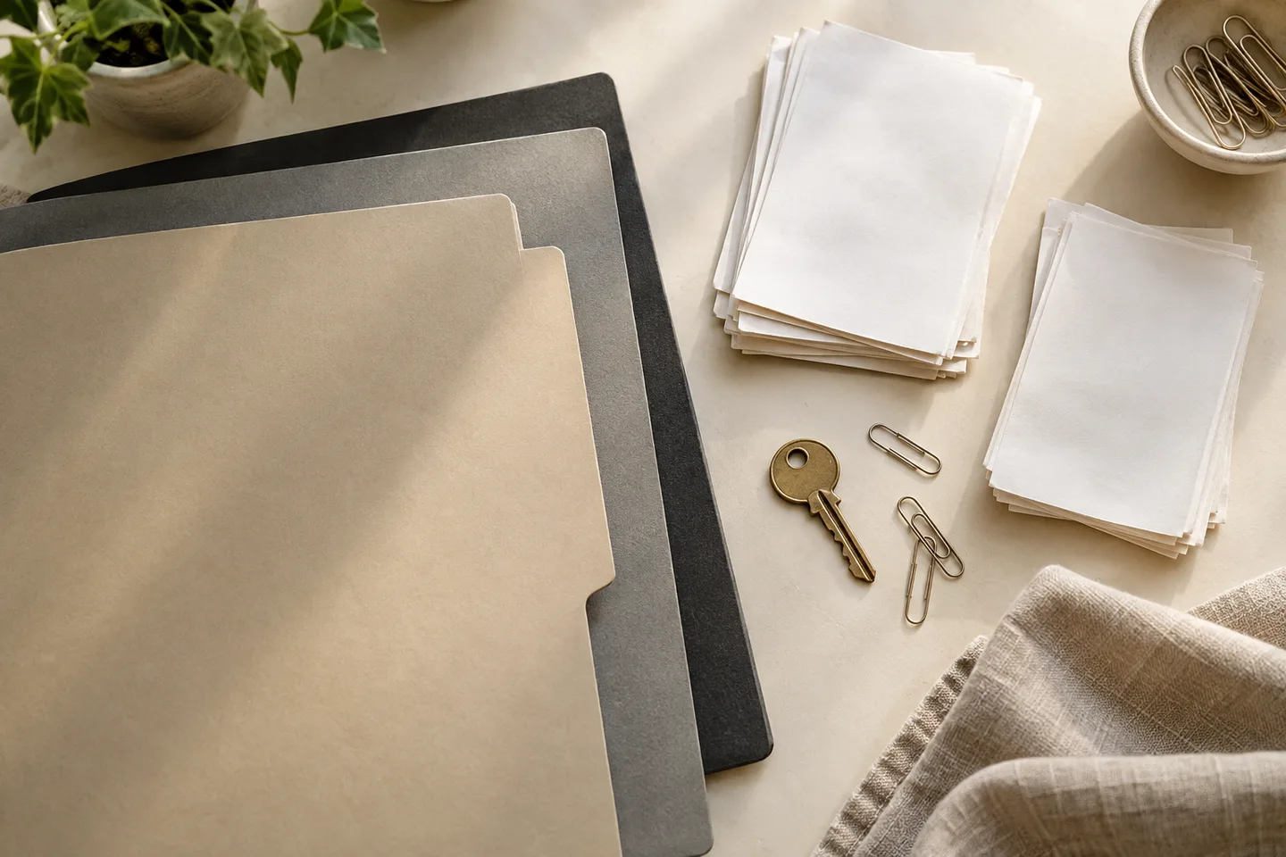 Folders, grouped papers and keys for organising evidence of property acquisition expenses.