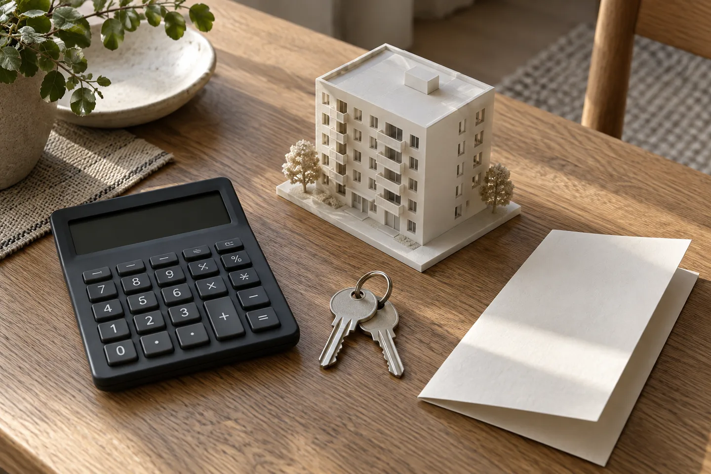 Apartment-block model, calculator and keys for considering the asking price and the buyer’s financing.