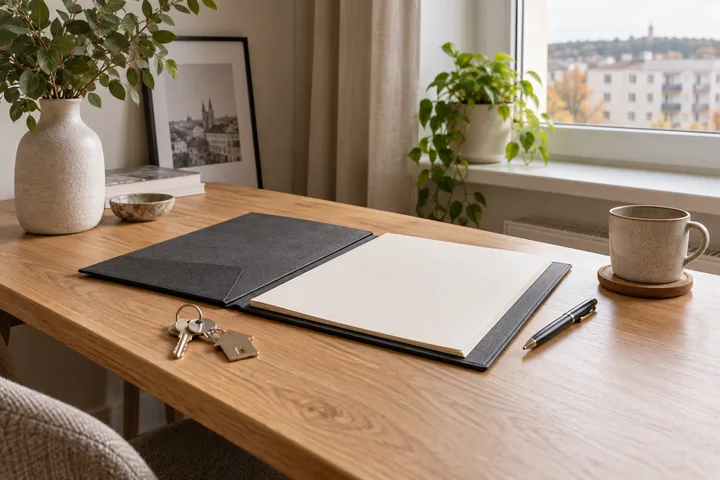 Document folder and house keys on a desk, illustrating preparation for reviewing property sale documents.