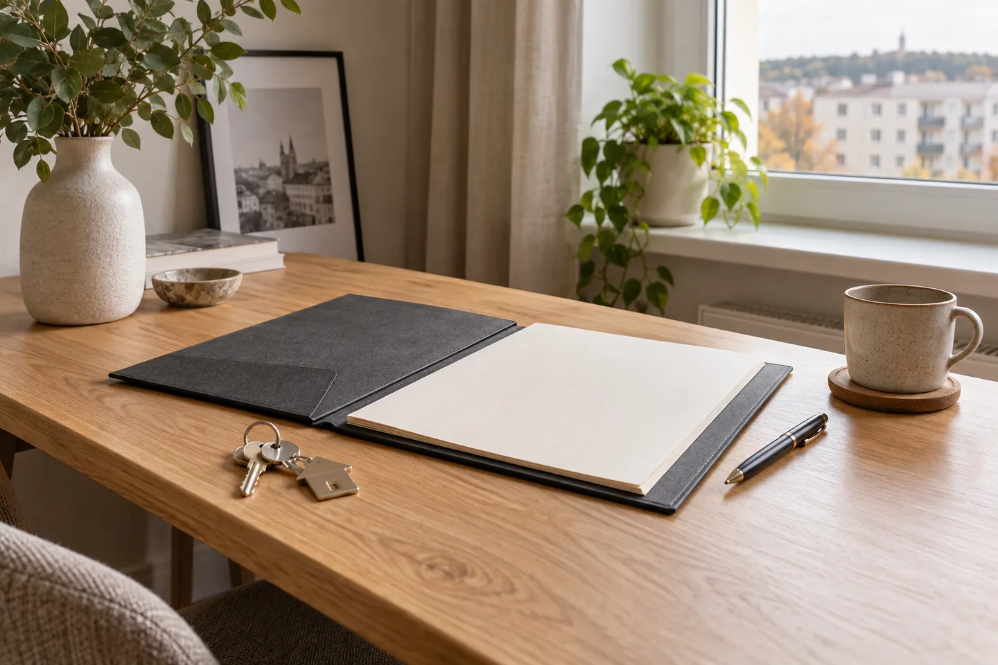 Document folder and house keys on a desk, illustrating preparation for reviewing property sale documents.