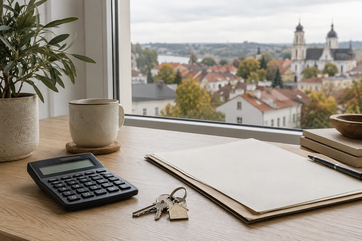 Calculator, house keys and papers for preparing a property-sale personal income tax calculation.