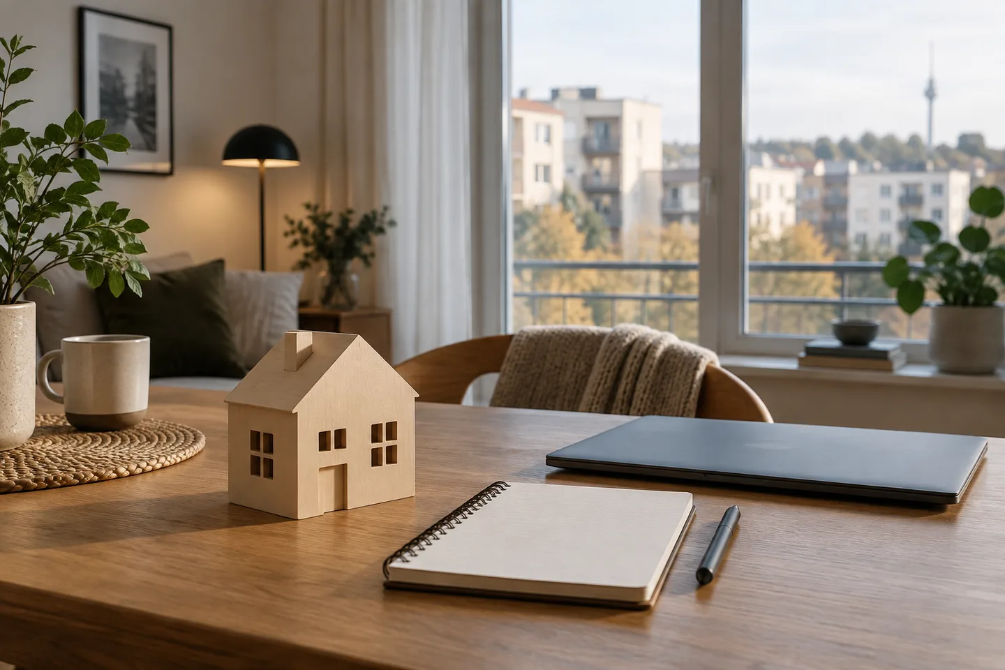 Model house, folder and notebook beside a window for planning a realistic property asking price.