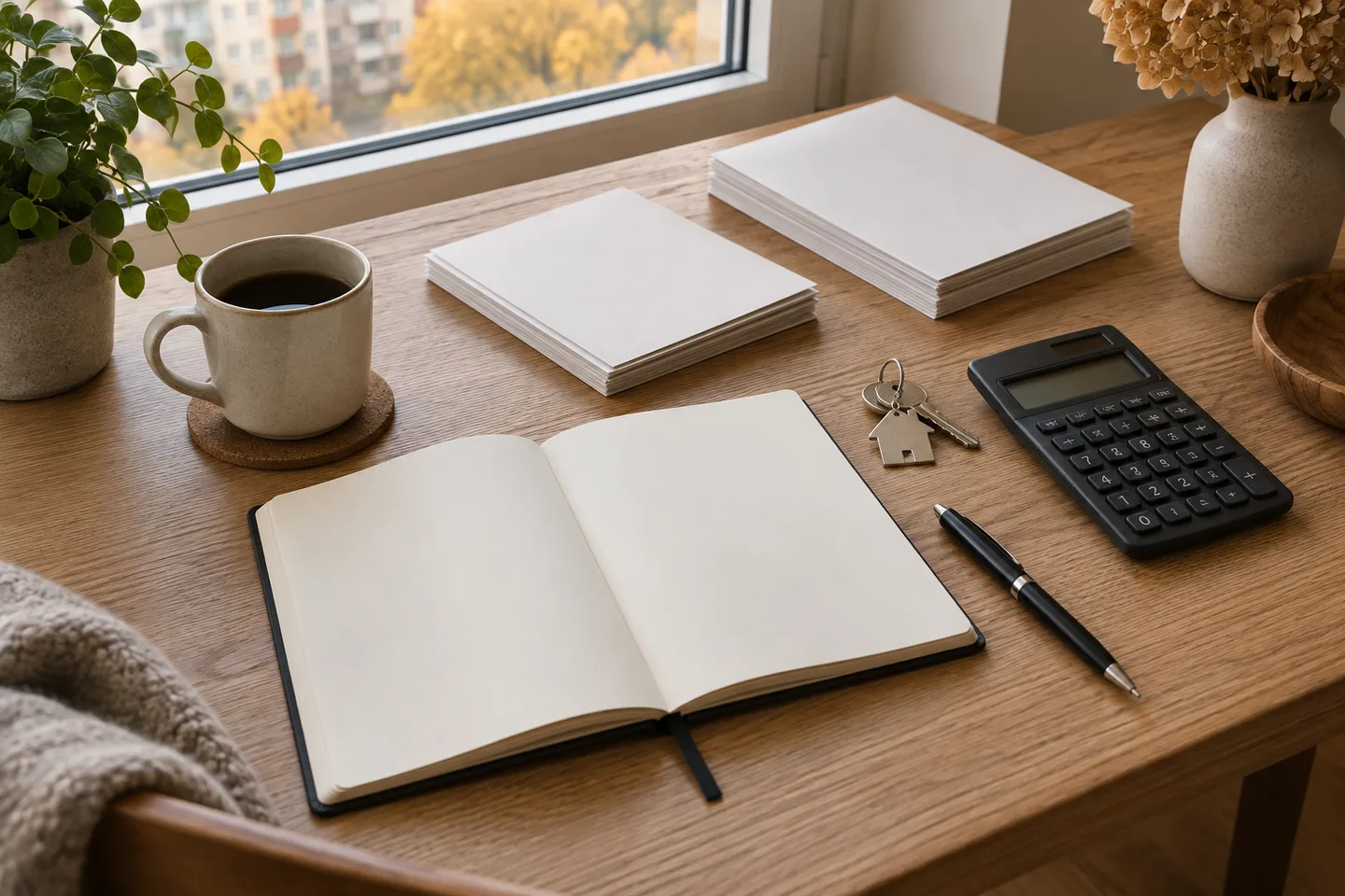 Notebook, sheets of paper, keys and a calculator for reviewing property sale enquiries and results.