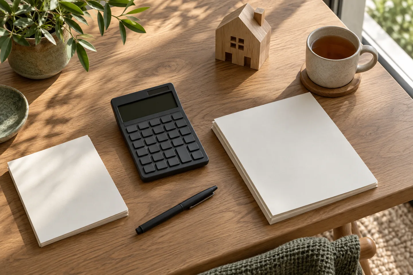 Calculator, model house and notebook for planning a home purchase advance payment and financing.