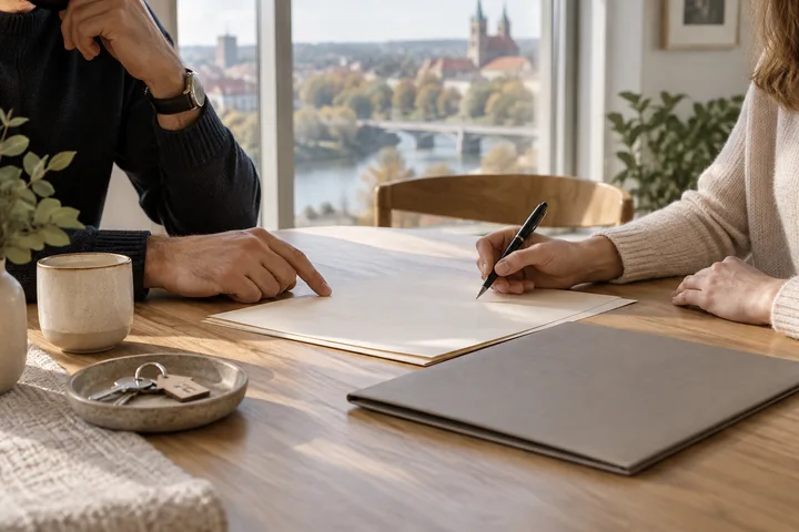 Two people reviewing papers with a pen at a table, illustrating a preliminary home purchase agreement discussion.