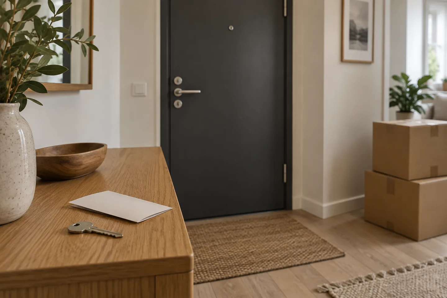 House keys and an envelope beside moving boxes in a hallway, illustrating an agreed property handover.