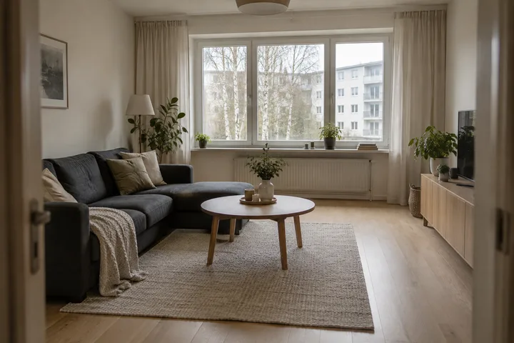 Bright apartment living room overlooking a shared courtyard, illustrating a pre-purchase viewing.