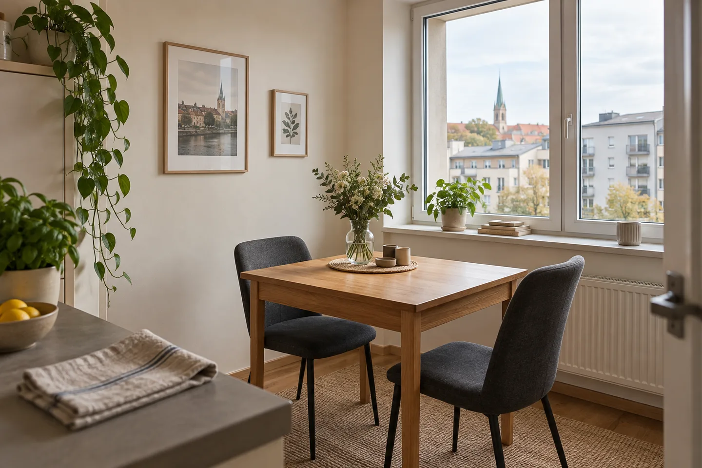 Uncluttered dining area beside a window, prepared for a viewing of an apartment for sale.
