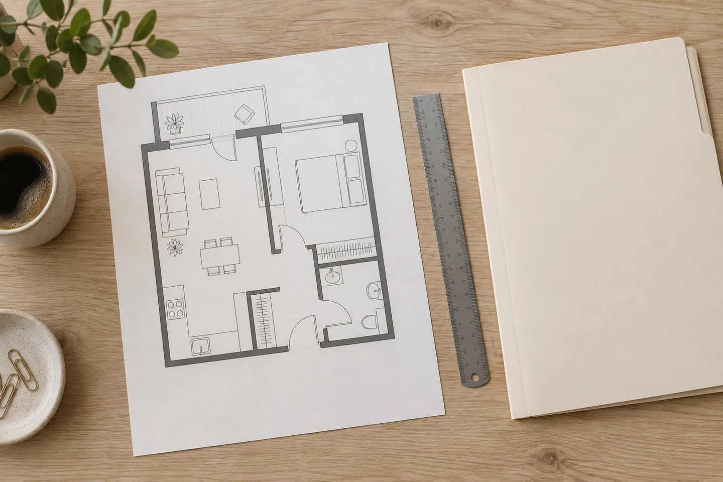 Illustrative apartment floor plan and ruler for comparing the layout with property documents.