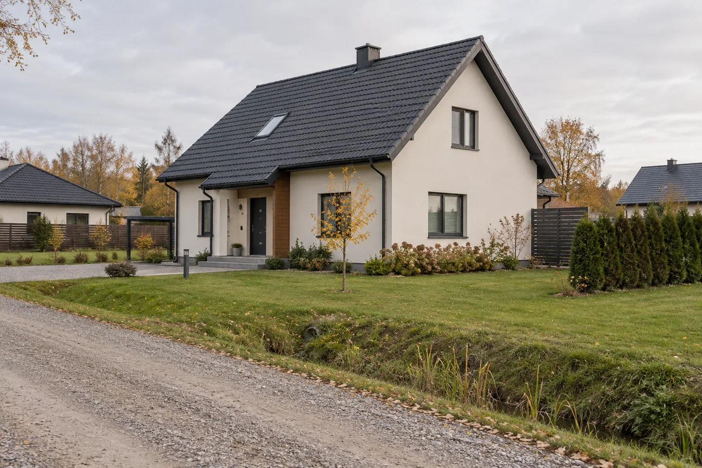 Detached house beside a gravel road and drainage ditch, illustrating access and surroundings checks.