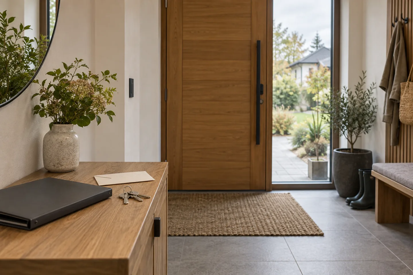 Folder and keys in a house hallway, illustrating preparation for the document and property handover.