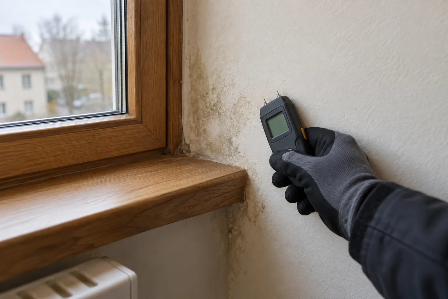 Moisture meter held beside a stained window reveal, illustrating a house condition inspection.