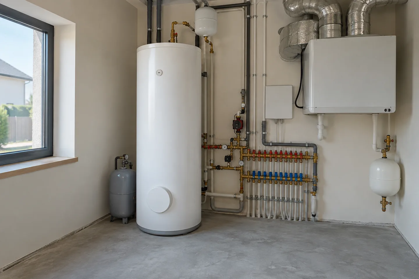 House utility room with a water tank, heating pipework and ventilation equipment to inspect before purchase.