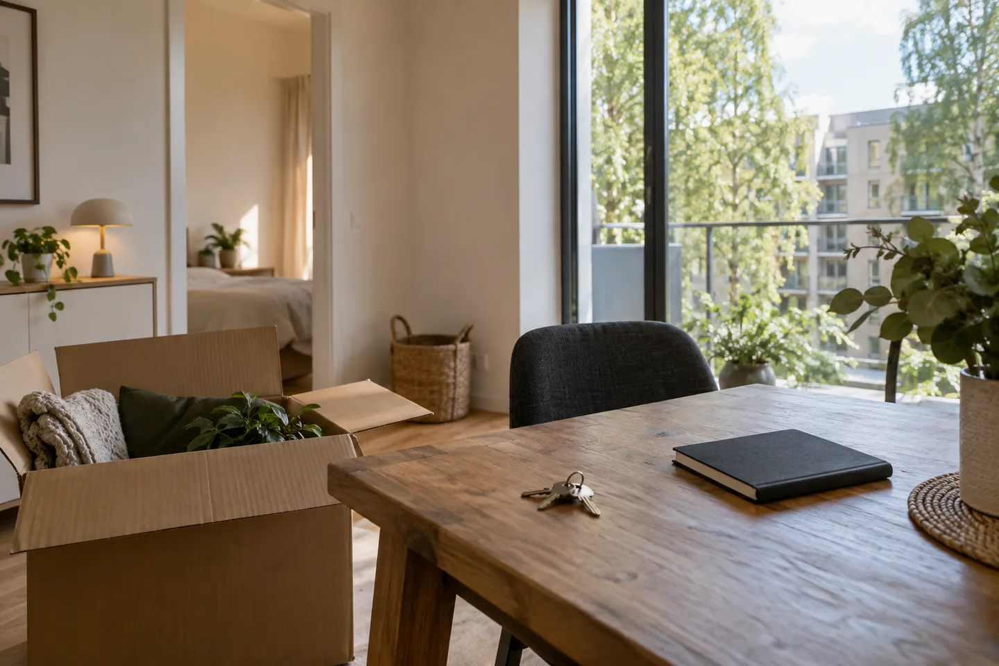 Moving box, keys and a notebook in an apartment, illustrating plans to sell one home and buy another.