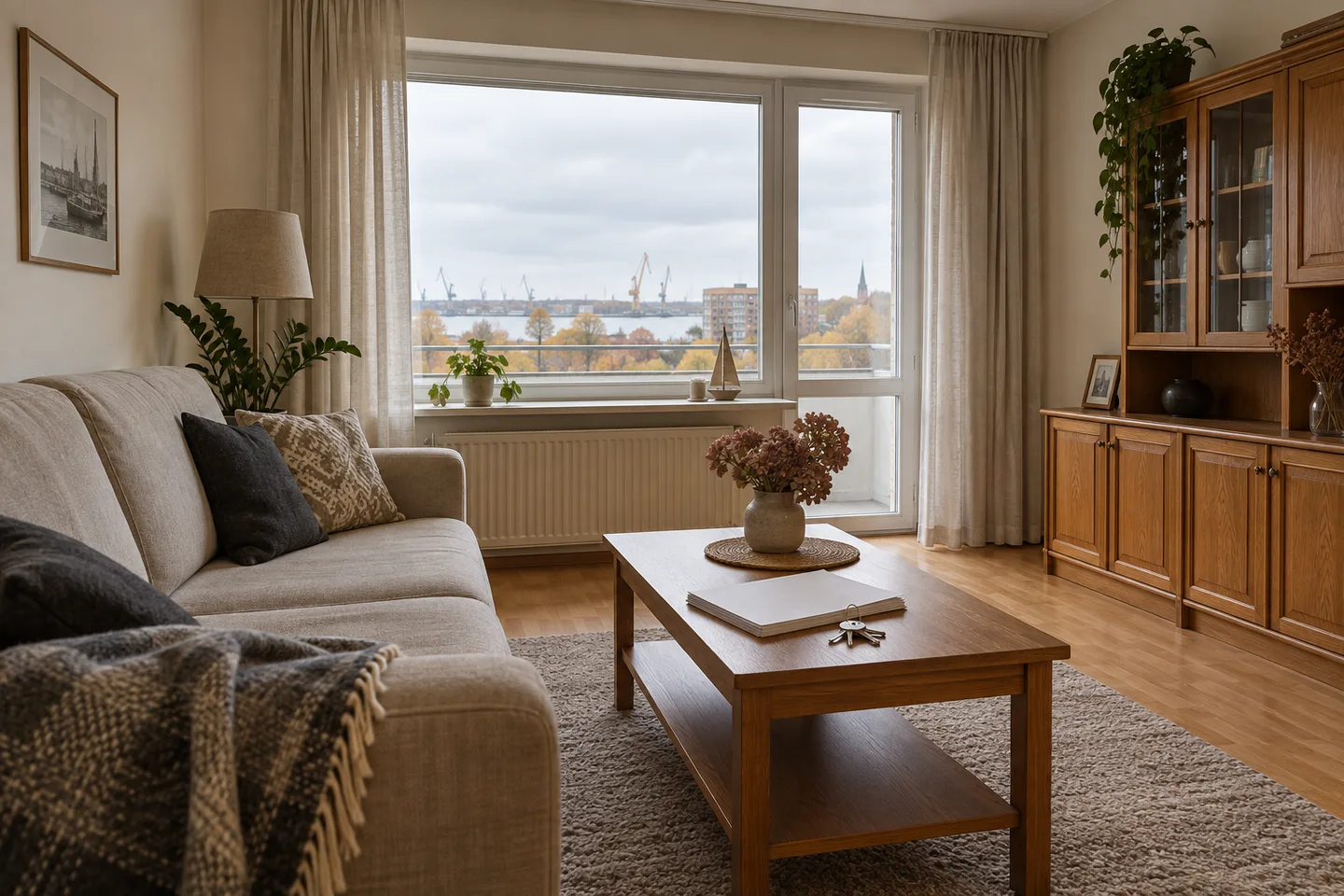 Apartment living room with a sofa, wooden table and keys, illustrating a review of a property listing’s presentation.
