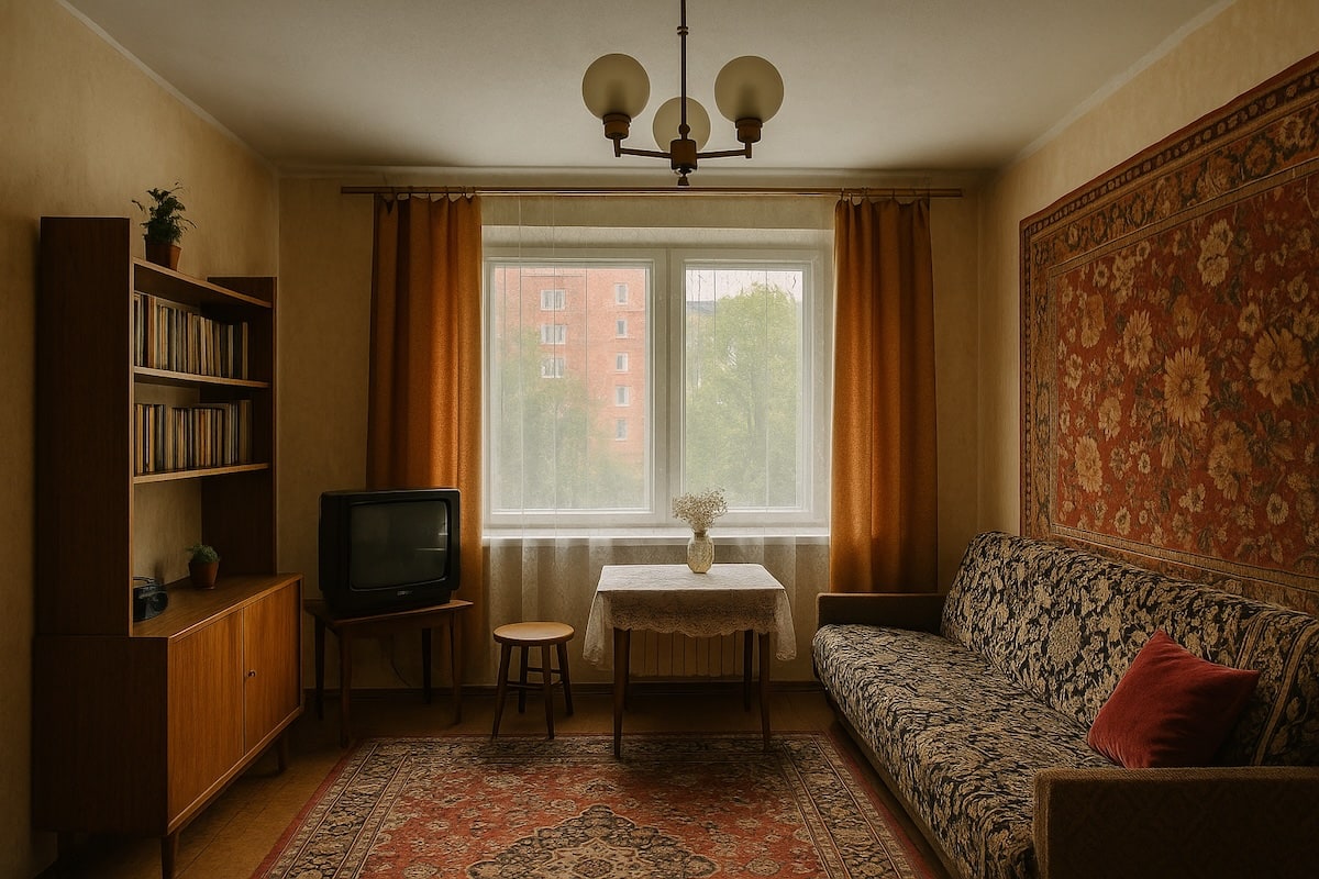 Senos apdailos svetainė su raštuota sofa ir sieniniu kilimu, rodanti atnaujinimo poreikį.