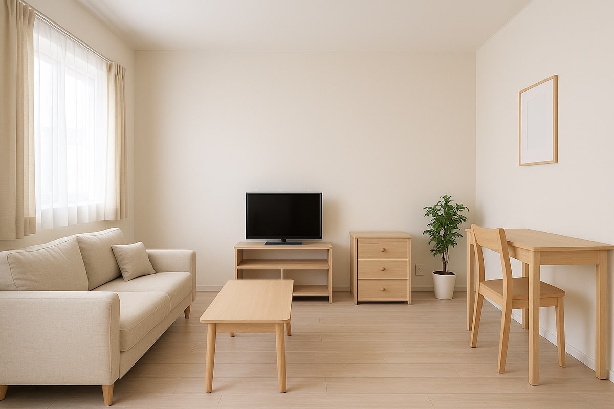 Šviesus sutvarkytas kambarys su sofa, televizoriumi ir stalu – tvarkingos buto būklės pavyzdys.